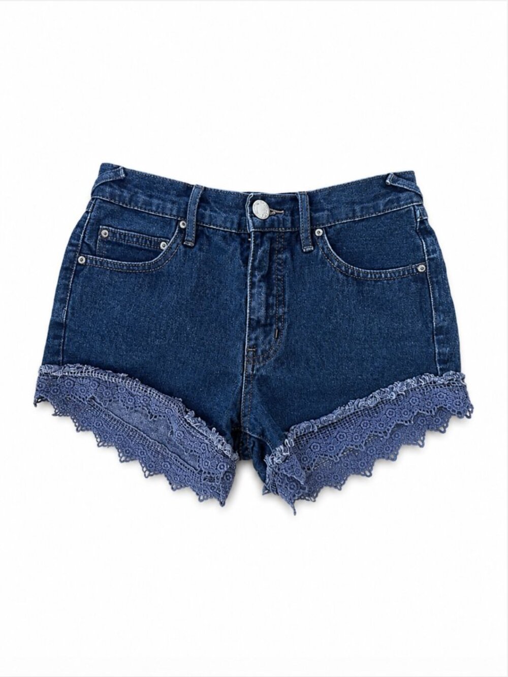 FREE PEOPLE 🌼 Black Denim Lace Trim Shorts Boho Jean Shorts Y2K Cottagecore 24